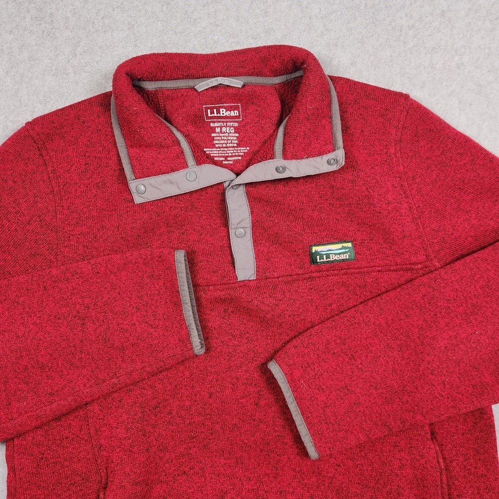 LL Bean Sweater Fleece Pullover‎ Jacket Mens Medium Red Snap T Neck 298050